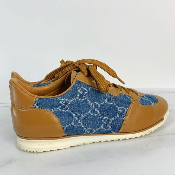 GUCCI GG Denim Monogram Cognac Calfskin Leather Sneakers 38.5 - Picture 7 of 15